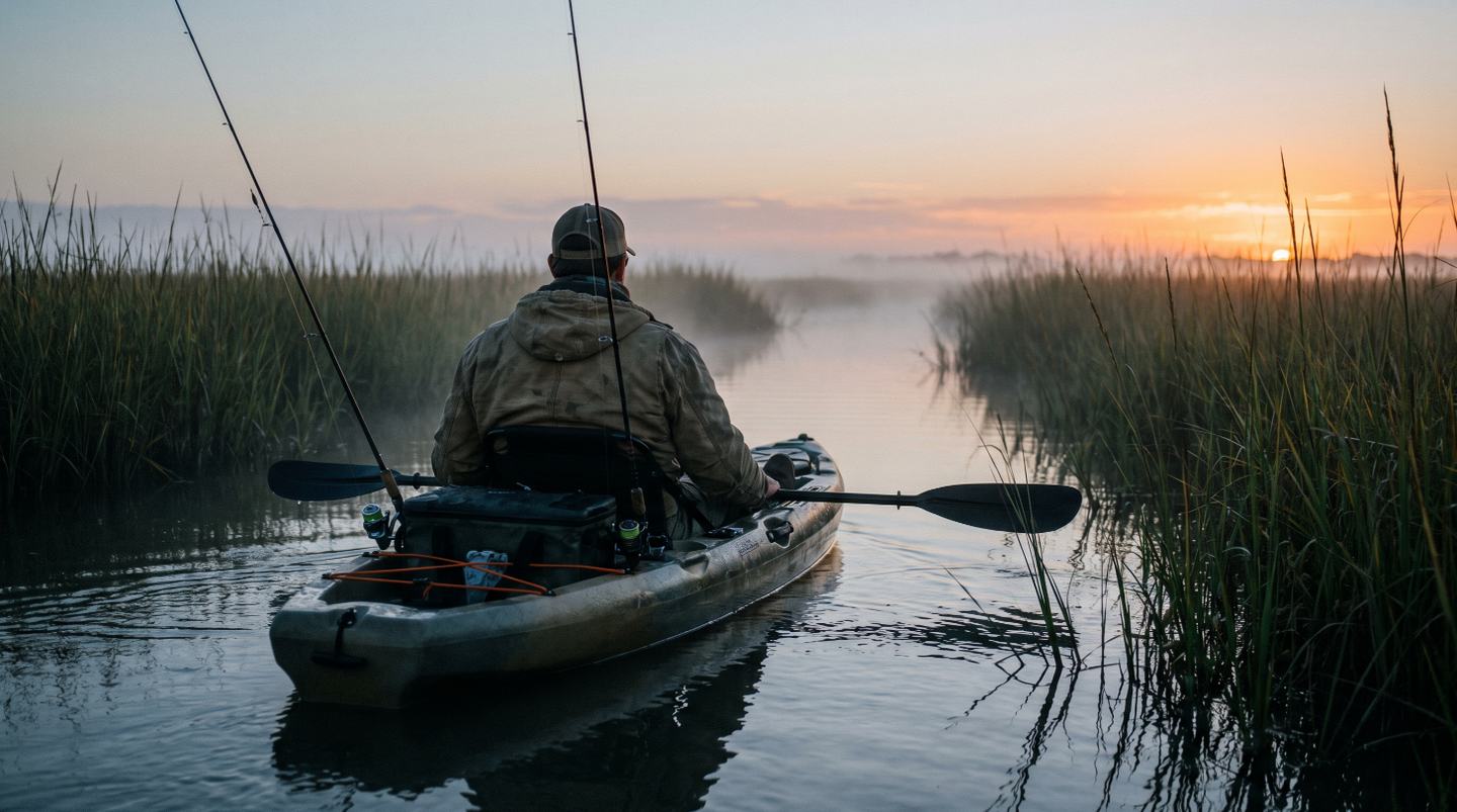 A kayak angler paddling a marsh channel before sunrise