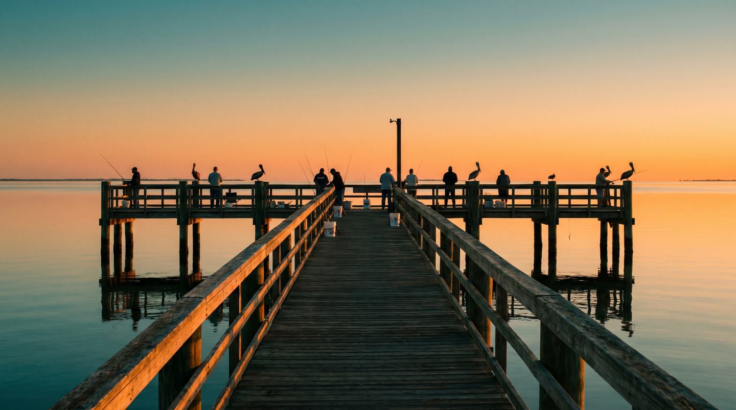 Anglers on a public pier at sunrise