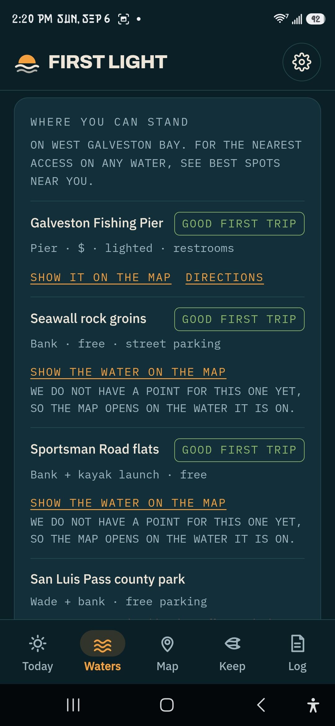 The where-you-can-stand list for West Galveston Bay showing a pier, rock groins and a wade flat