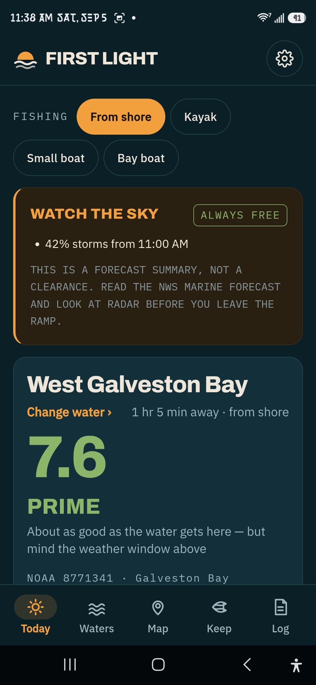 The Today screen: a storm-chance warning above a 7.6 conditions score for West Galveston Bay