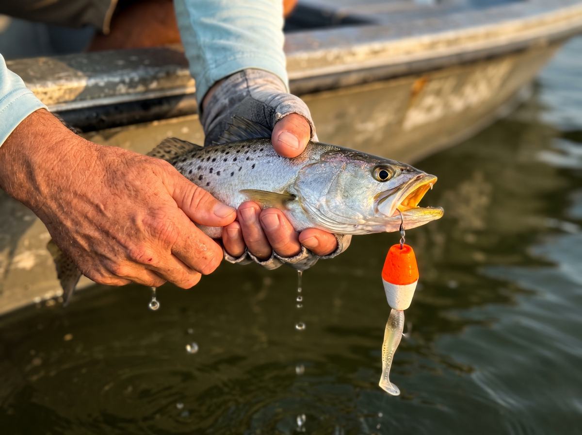 A speckled trout held above the water with a popping cork rig